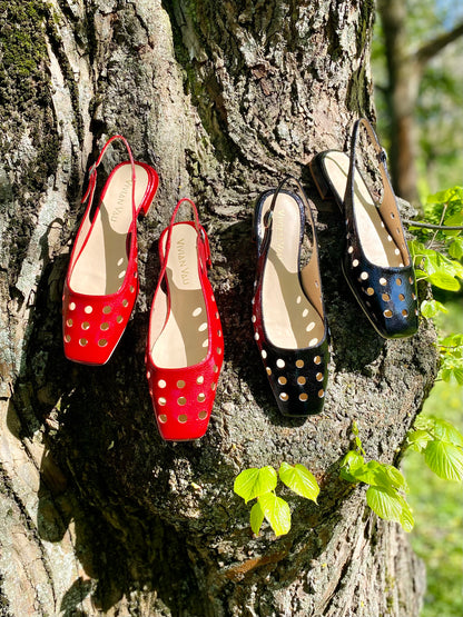 Carmine Red Perforated Patent Leather Slingbacks