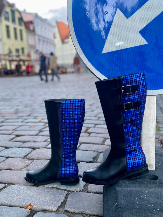 Indigo Blue Squares Long Boots